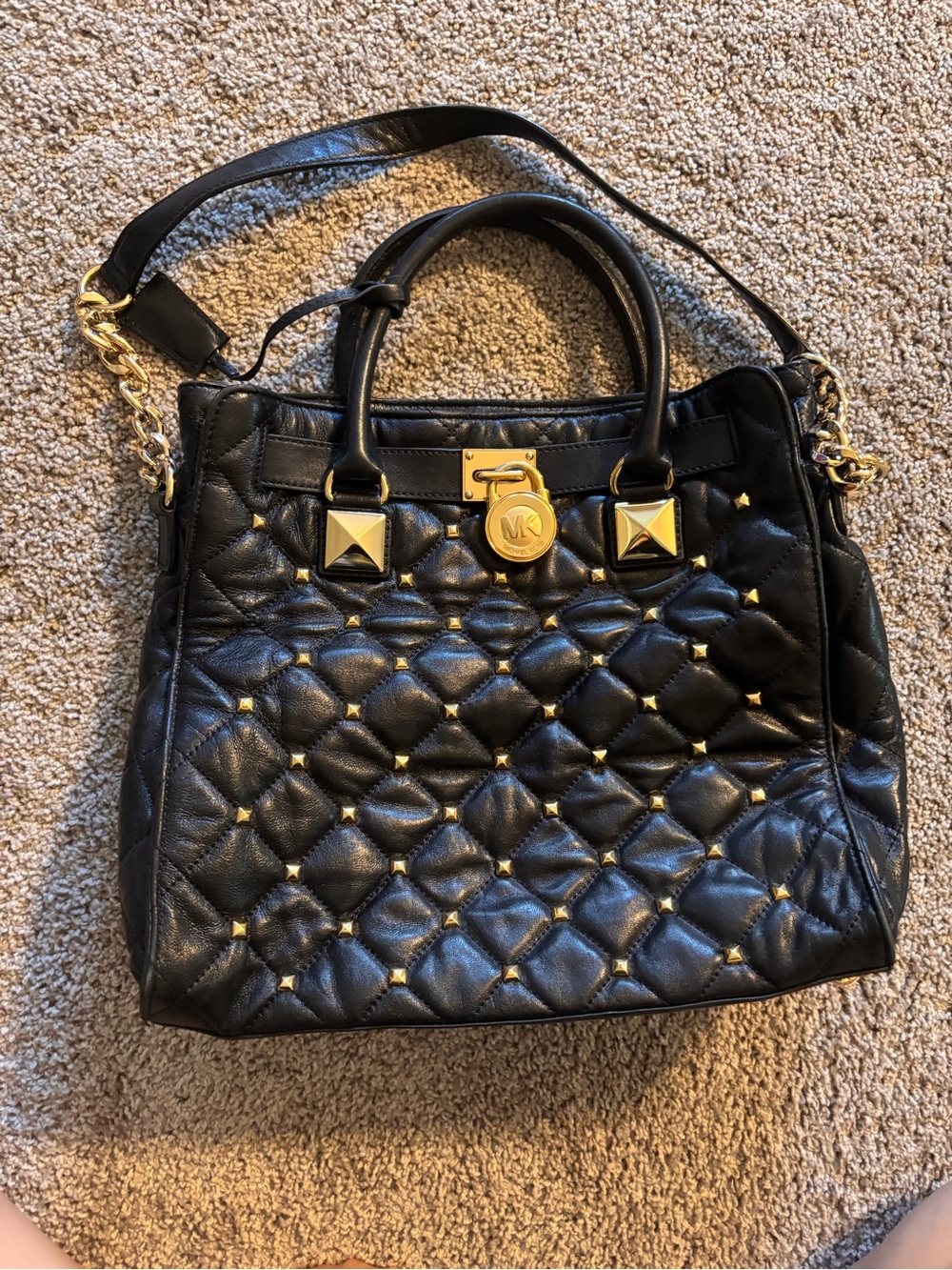 Michael Kors “Hamilton” Black Quilted Studded Tote with Gold Hardware